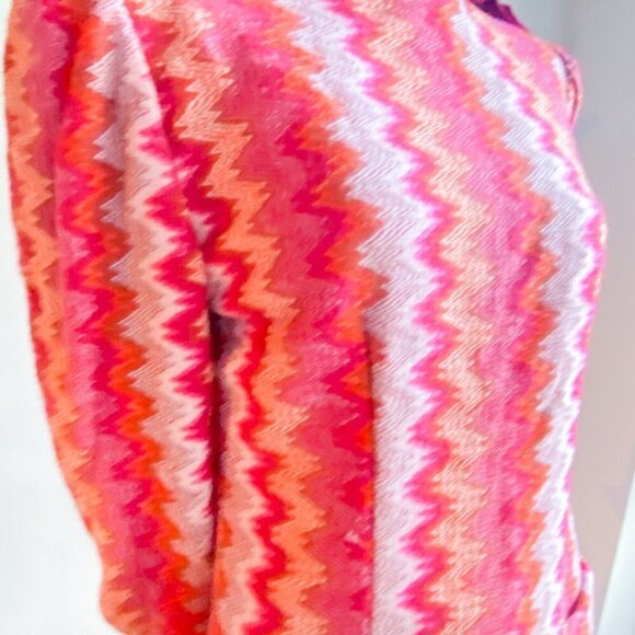 Vintage Chevron  Print Pink Tones Dropped Waist Patch Pockets Pleated Midi Dress - Picture 5 of 9